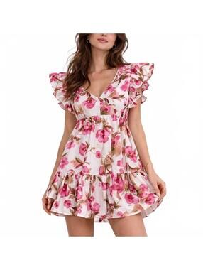 Abercrombie & Fitch Pink Floral Ruffle Sleeve Tiered Mini Dress XS With Pockets